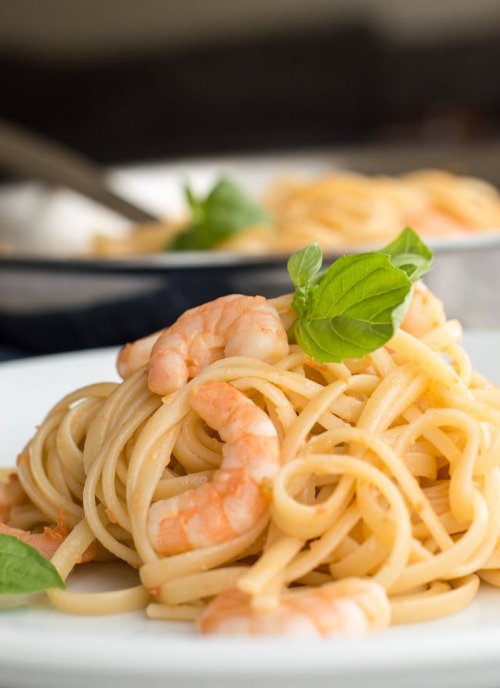 Pasta con gambas y salsa de vino blanco